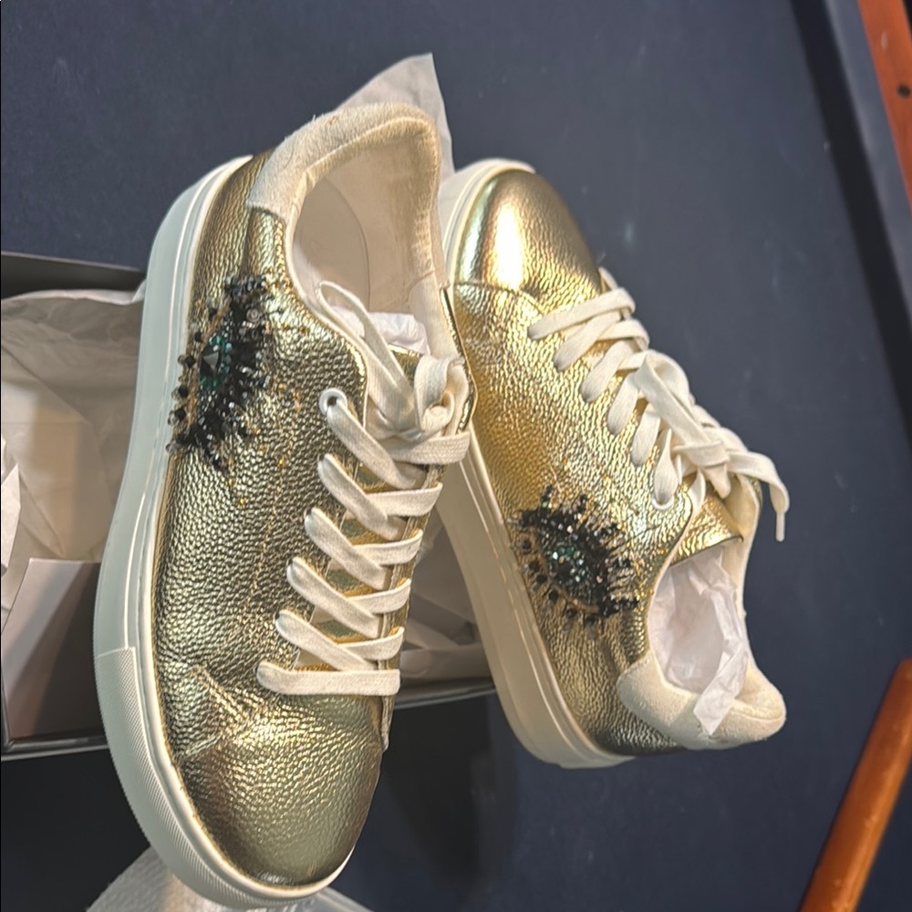 Kurt Geiger Gold Textured Sneakers with Embellishments